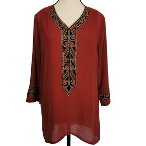 Bob Mackie Wearable Art V-Neck Chiffon Lined Brick Red Tunic Blouse - Sz M